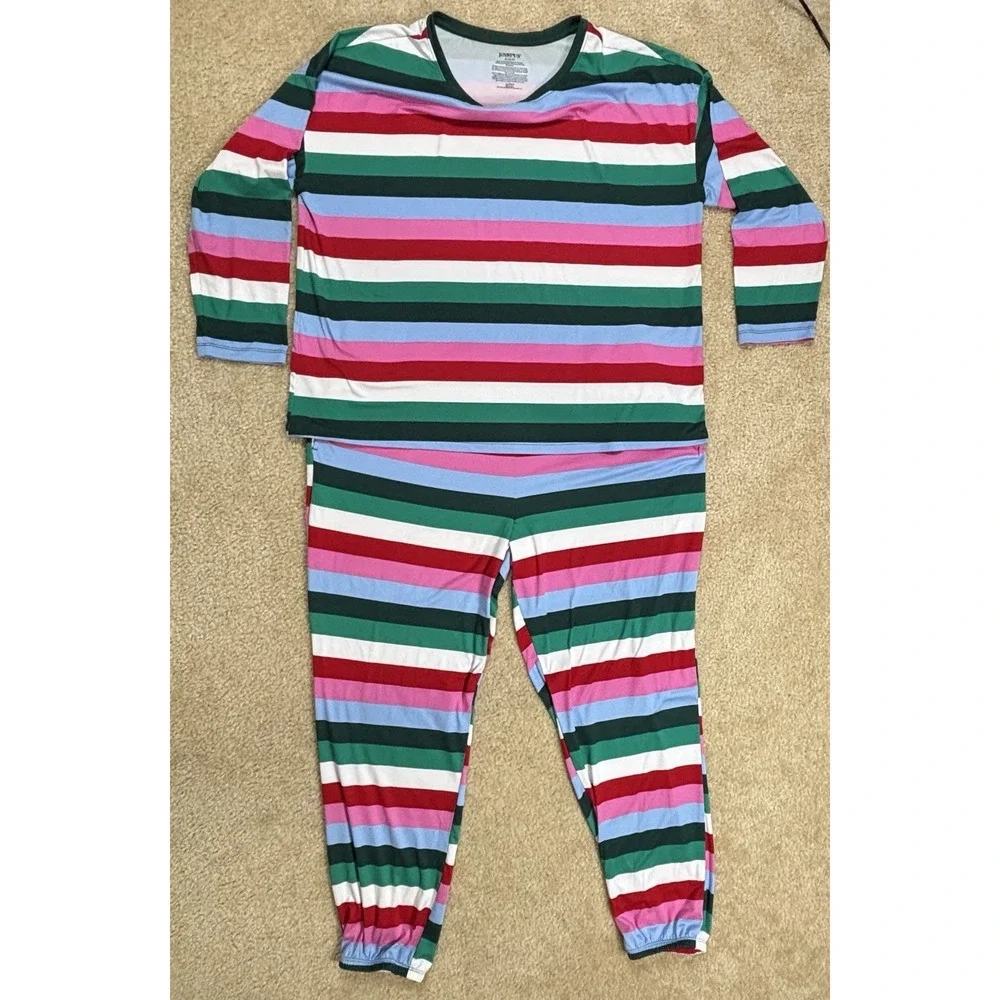 2-Piece Cotton Knit Striped Long Sleeve Pajama Set XL